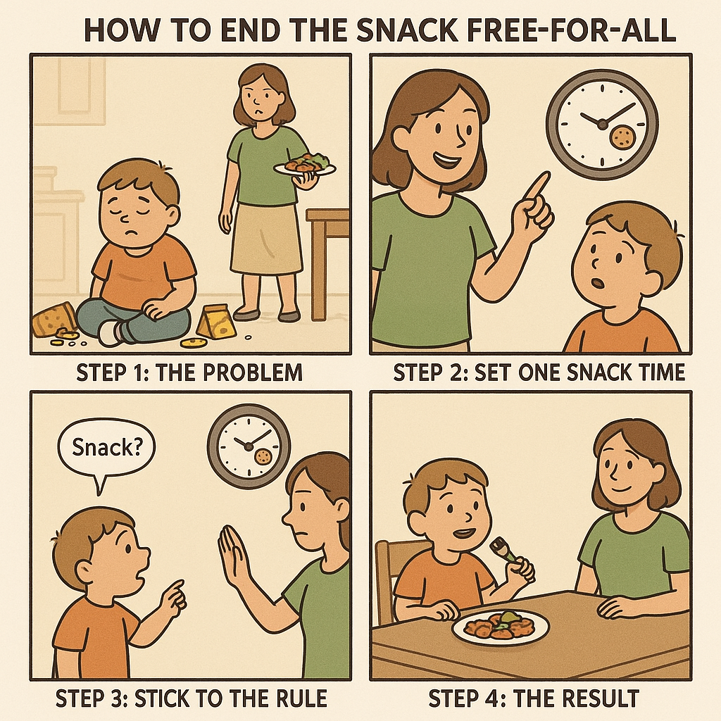 A four-panel comic strip showing a mother implementing the one-snack-time rule, from problem identification to successful dinner results with a happy child eating at the table.