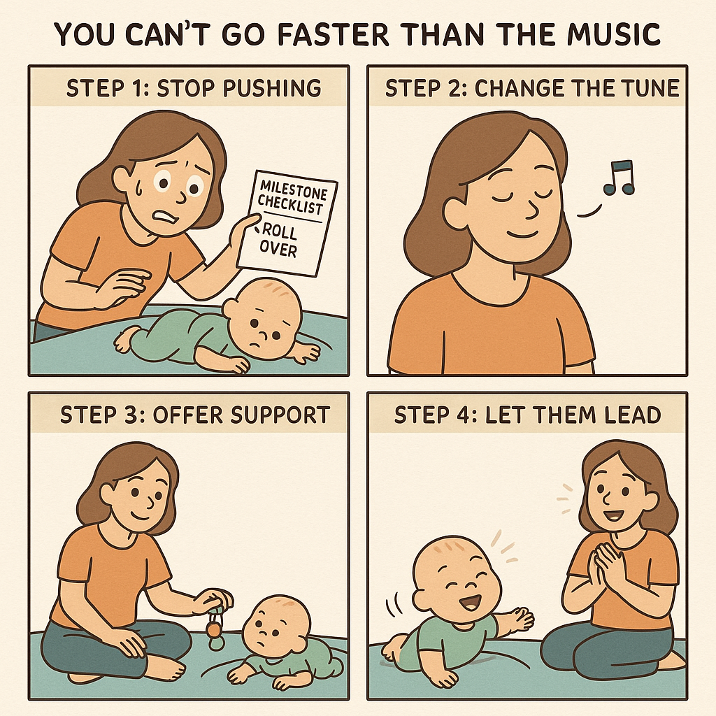 A four-panel comic strip showing a mother's journey from anxiously pushing baby milestones to calmly supporting natural development, with her baby successfully rolling over in their own time.