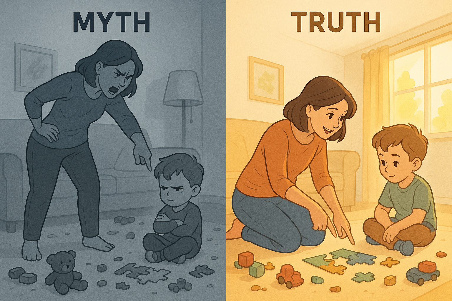 A side-by-side comparison showing a frustrated mother scolding her child versus the same mother calmly kneeling and guiding her cooperative child in a warm, bright setting.