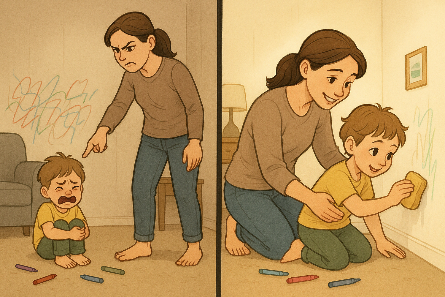 A before-and-after illustration showing a mother and child transitioning from conflict over wall drawing to working together as a team to clean it up