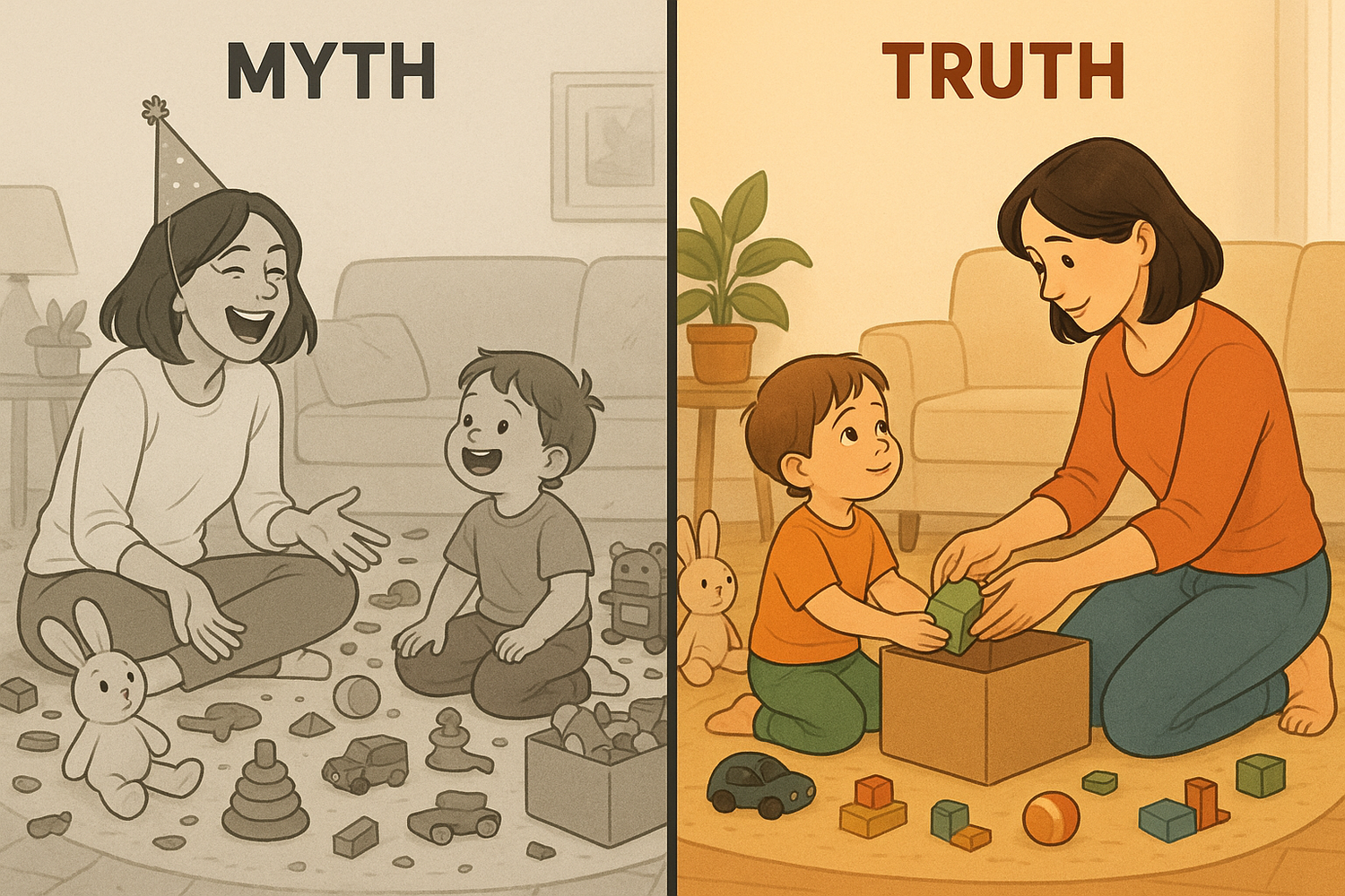 A mother kneeling calmly with her child, gently guiding them to tidy toys, illustrating that guidance moments are also quality time in parenting