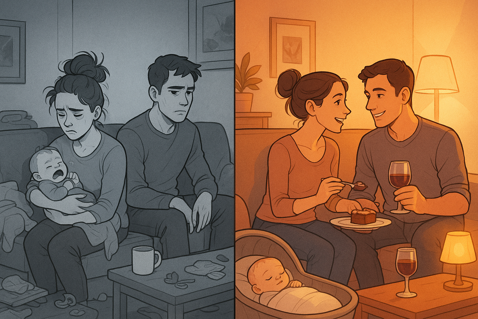 Split-panel illustration showing a couple's transformation from overwhelmed new parents to reconnected partners, with baby sleeping peacefully nearby in a tidy, warm living room.