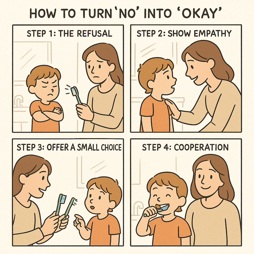 A four-panel comic strip showing a parent helping a reluctant child brush their teeth, moving from refusal to empathy, offering toothbrush choices, and finally the child happily brushing.