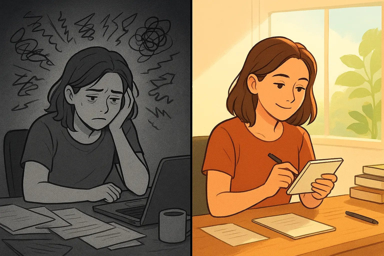 Woman at desk transforming from stressed chaos to calm focus using a simple mental technique