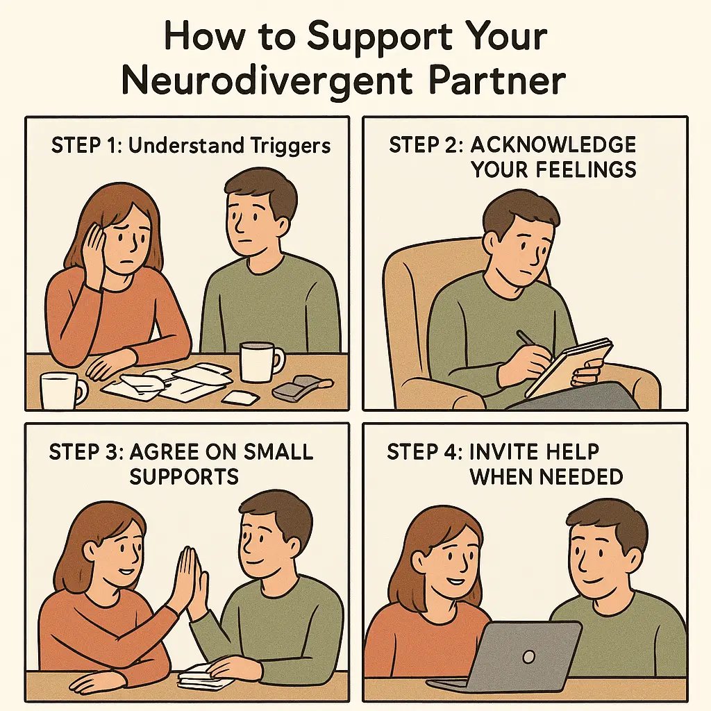Four-panel comic showing a couple supporting each other through understanding triggers, self-reflection, working together, and seeking professional help