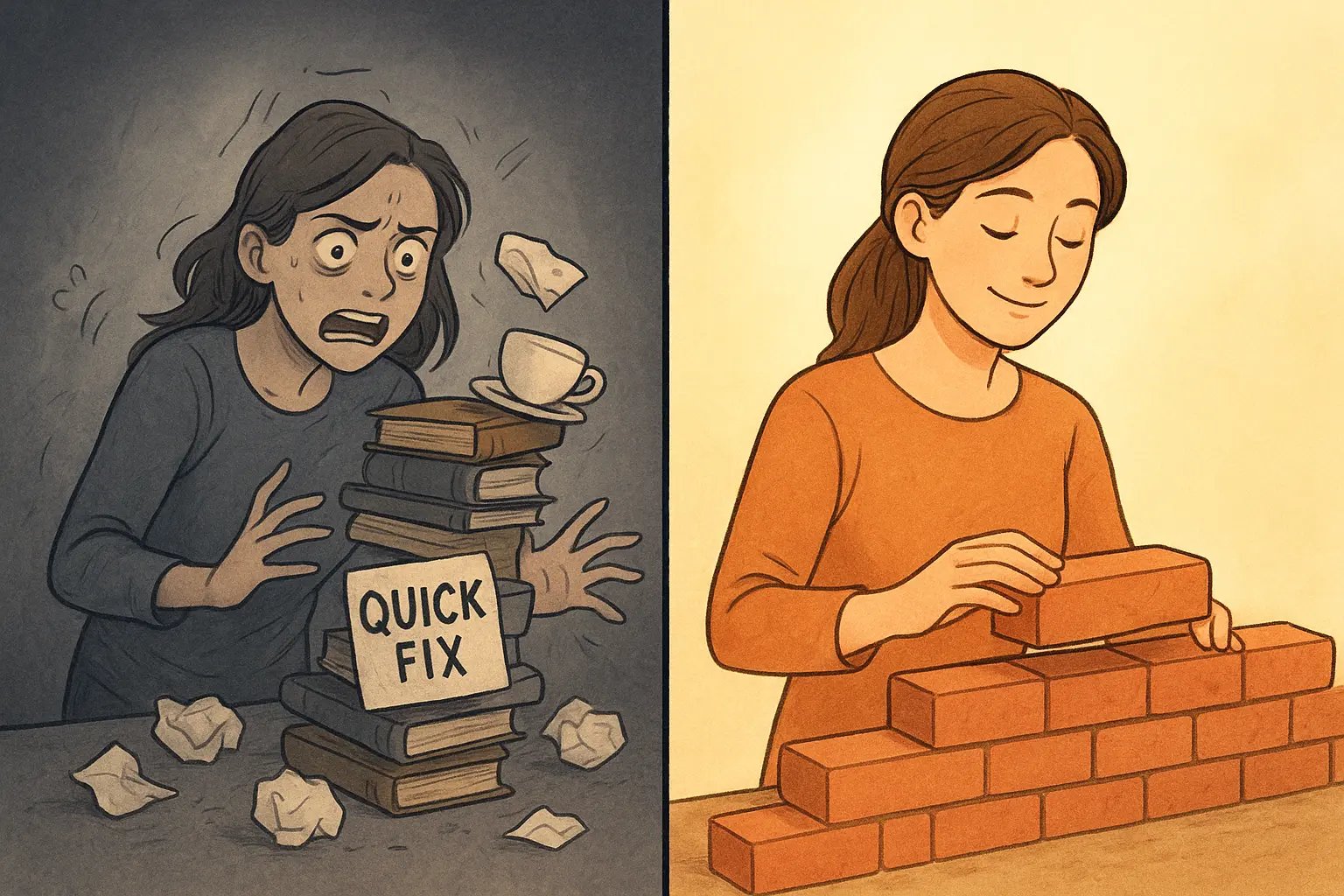 Woman building a stable brick wall calmly, contrasting with chaotic quick-fix attempts, illustrating steady neurodivergent support.