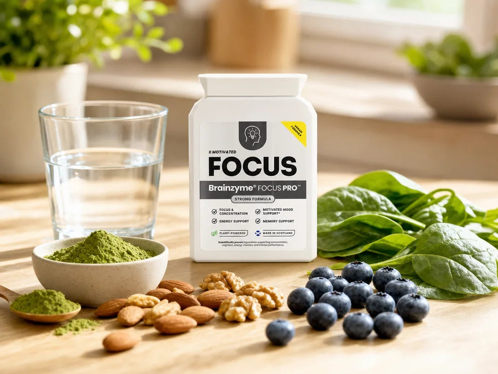 FOCUS PRO with focus-supporting whole foods — matcha, nuts, blueberries and leafy greens
