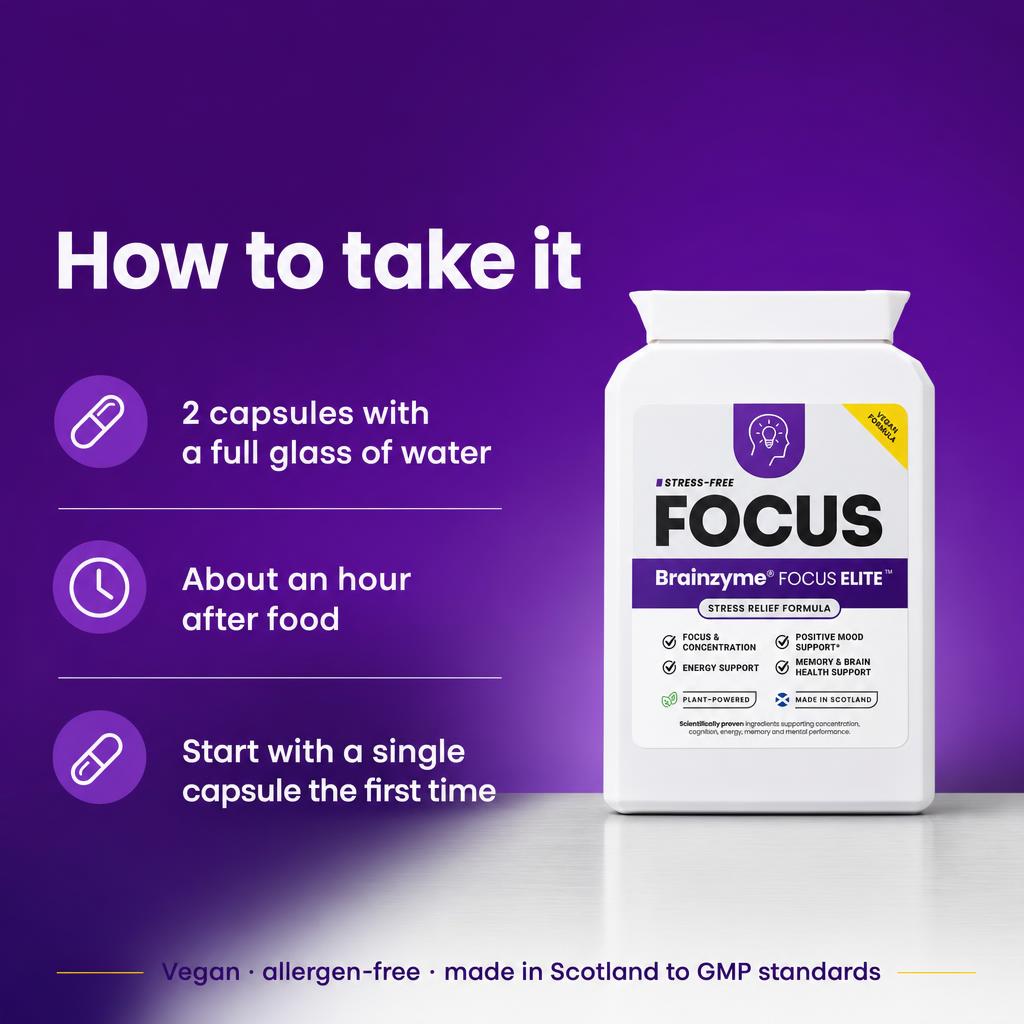 How to take FOCUS ELITE™ — 2 capsules with water about an hour after food; start with one capsule