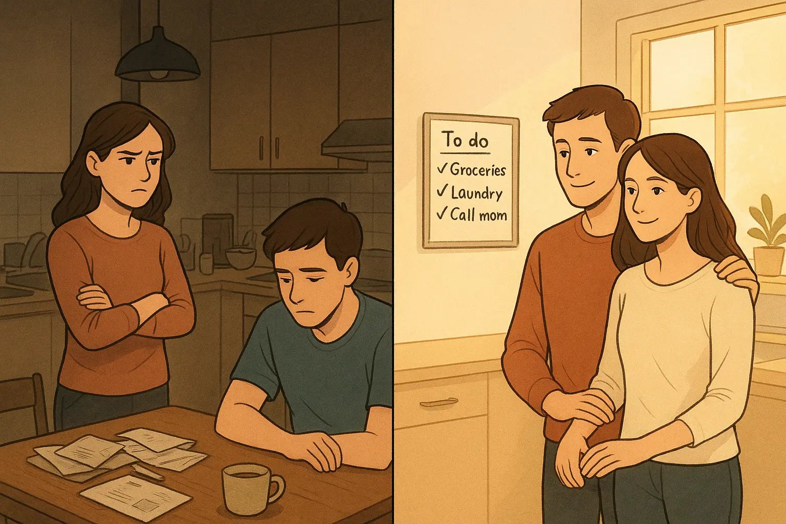 A split-panel illustration showing a couple's transformation from a chaotic, tense kitchen to a calm, organised space with a shared planning board.