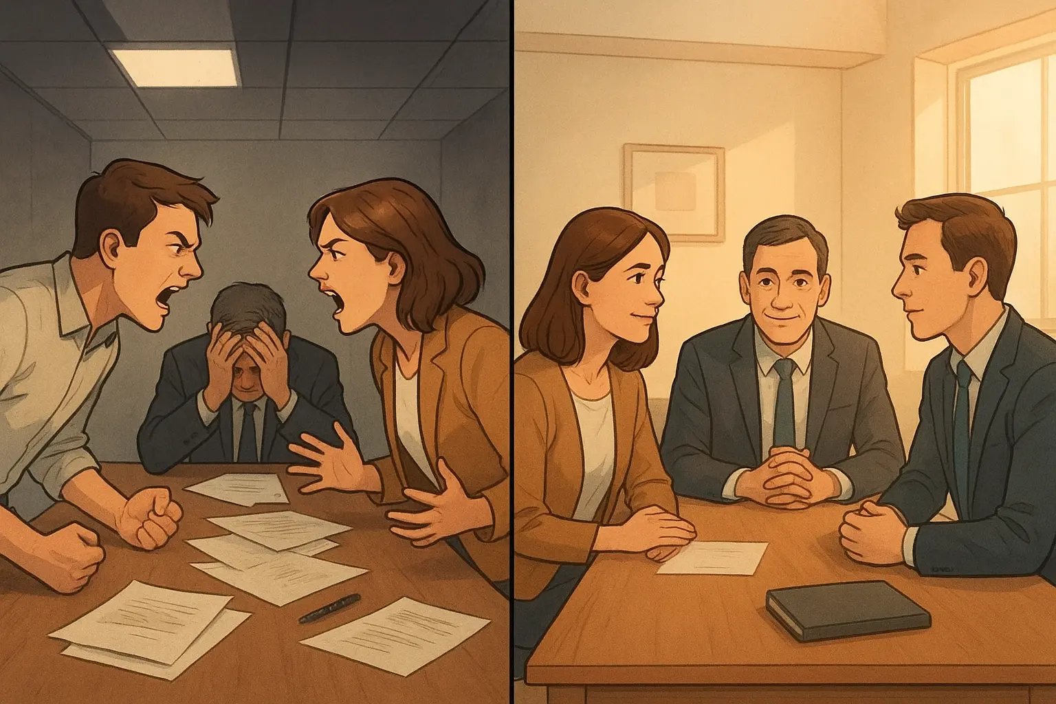 Split-panel illustration showing a tense office meeting transforming into calm collaboration through compassionate leadership