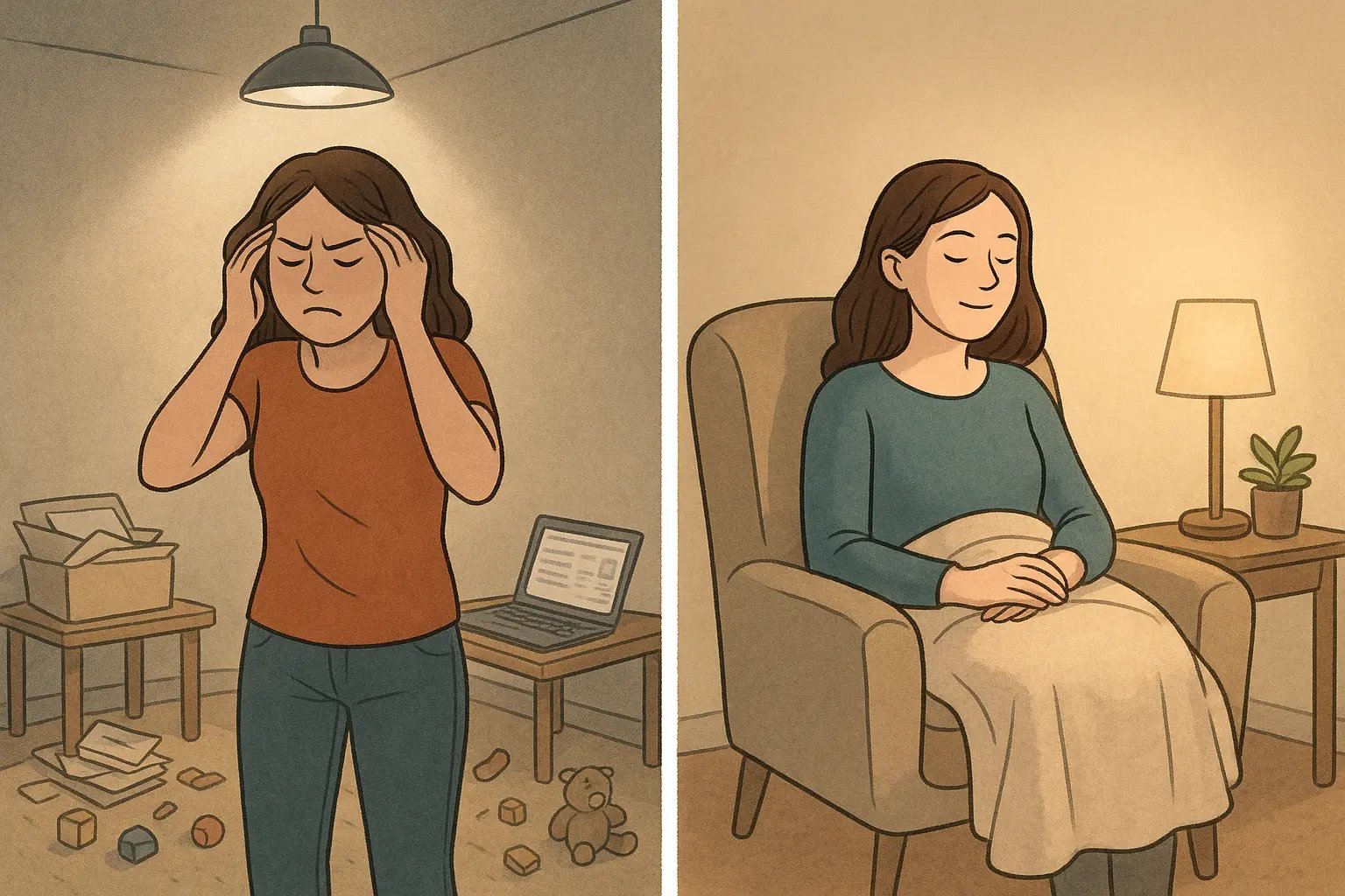 Woman peacefully relaxing in a calm, organised corner with a plant and soft lighting after transforming a previously cluttered, stressful space