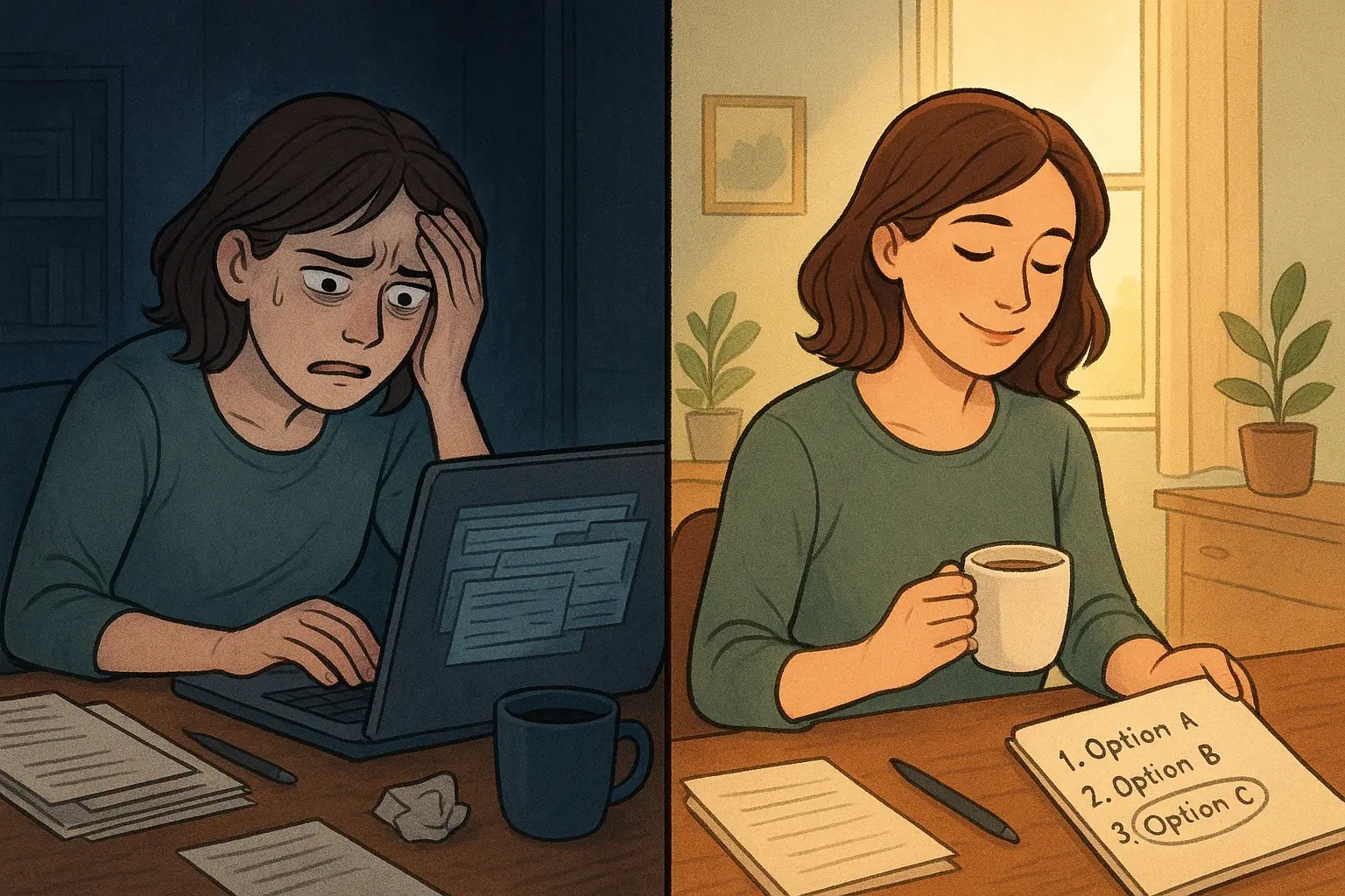 Woman transforms from overwhelmed by laptop choices to calm with handwritten list and tea in bright, organised space