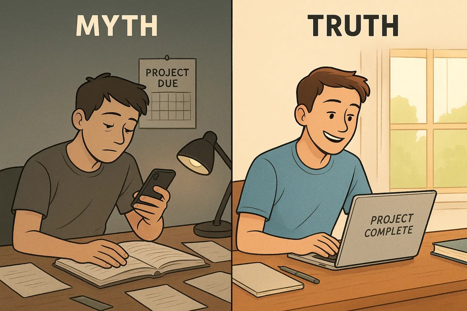 Side-by-side comparison showing a student procrastinating versus the same student finishing work early with relief and pride