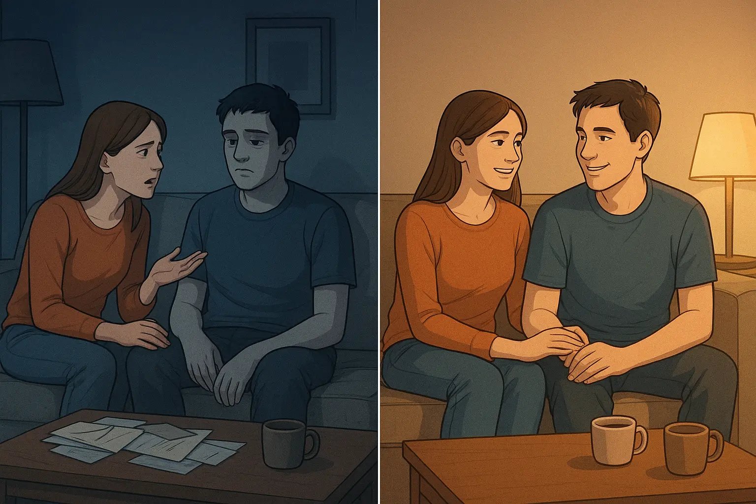 Split illustration of couple on sofa: before showing distance and overwhelm, after showing warmth and connection through adjusted neurodivergent support timing.