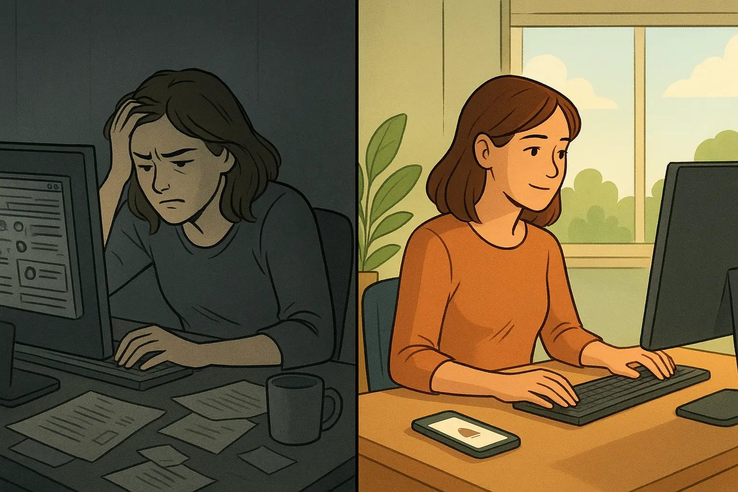 Side-by-side comparison showing a stressed woman at a chaotic desk versus the same woman calmly refocusing after a gentle phone reminder