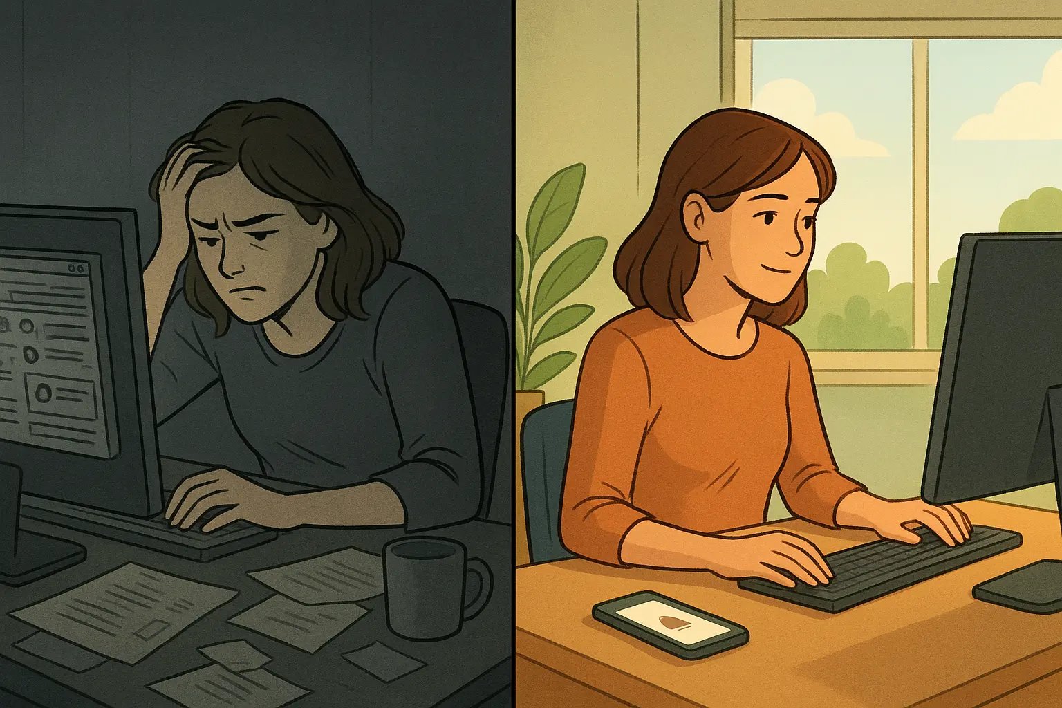 Side-by-side comparison showing a stressed woman at a chaotic desk versus the same woman calmly refocusing after a gentle phone reminder
