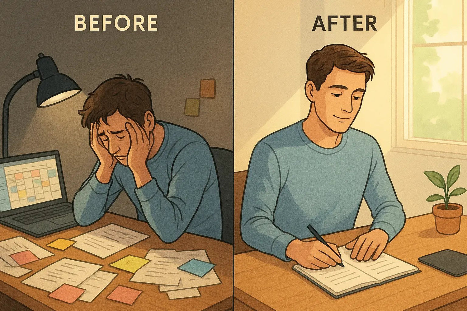 A split-panel illustration showing a man transforming from overwhelmed at a chaotic desk to calm and focused with a simple daily planner