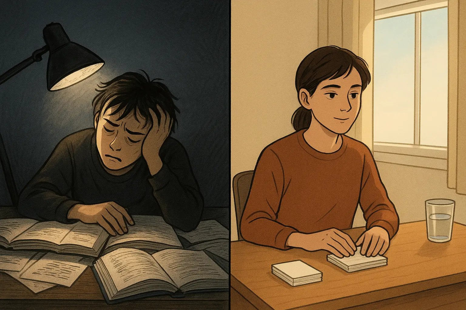 Split panel showing a student cramming late at night versus studying calmly with organised materials during the day
