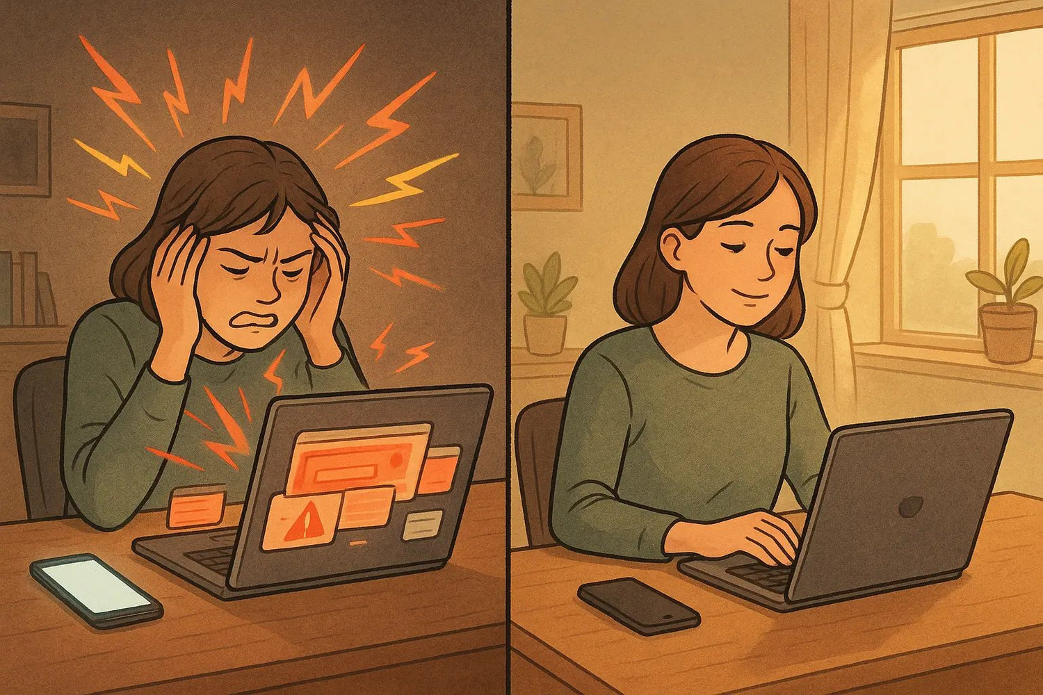Split panel showing a young woman's workspace transformation from chaotic digital overload to calm, organised focus