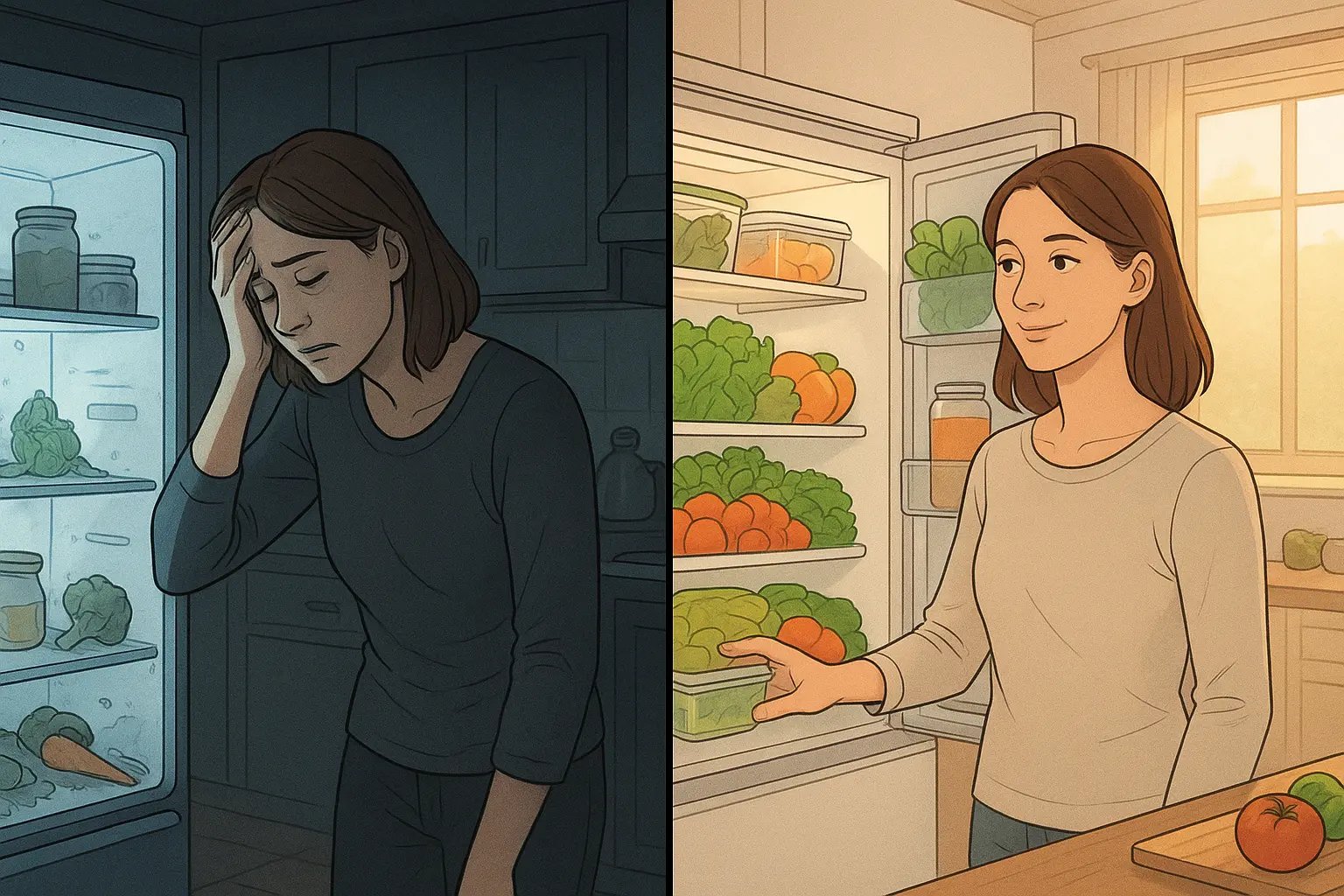 Split panel showing woman transforming from stressed at empty fridge to calm with organised, well-stocked fridge full of fresh food