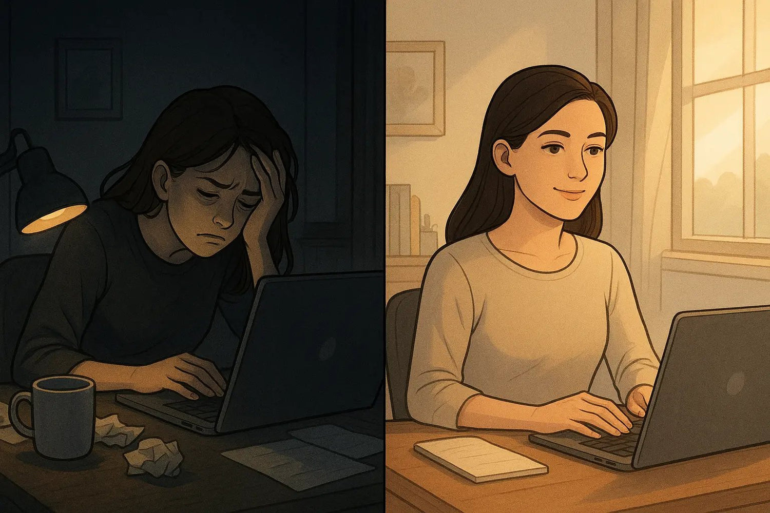 Woman working late at night looking exhausted next to the same woman working productively in bright morning light after rest
