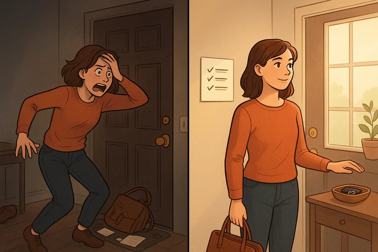Split panel showing a woman's transformation from stressed and forgetful to calm and prepared using a door checklist