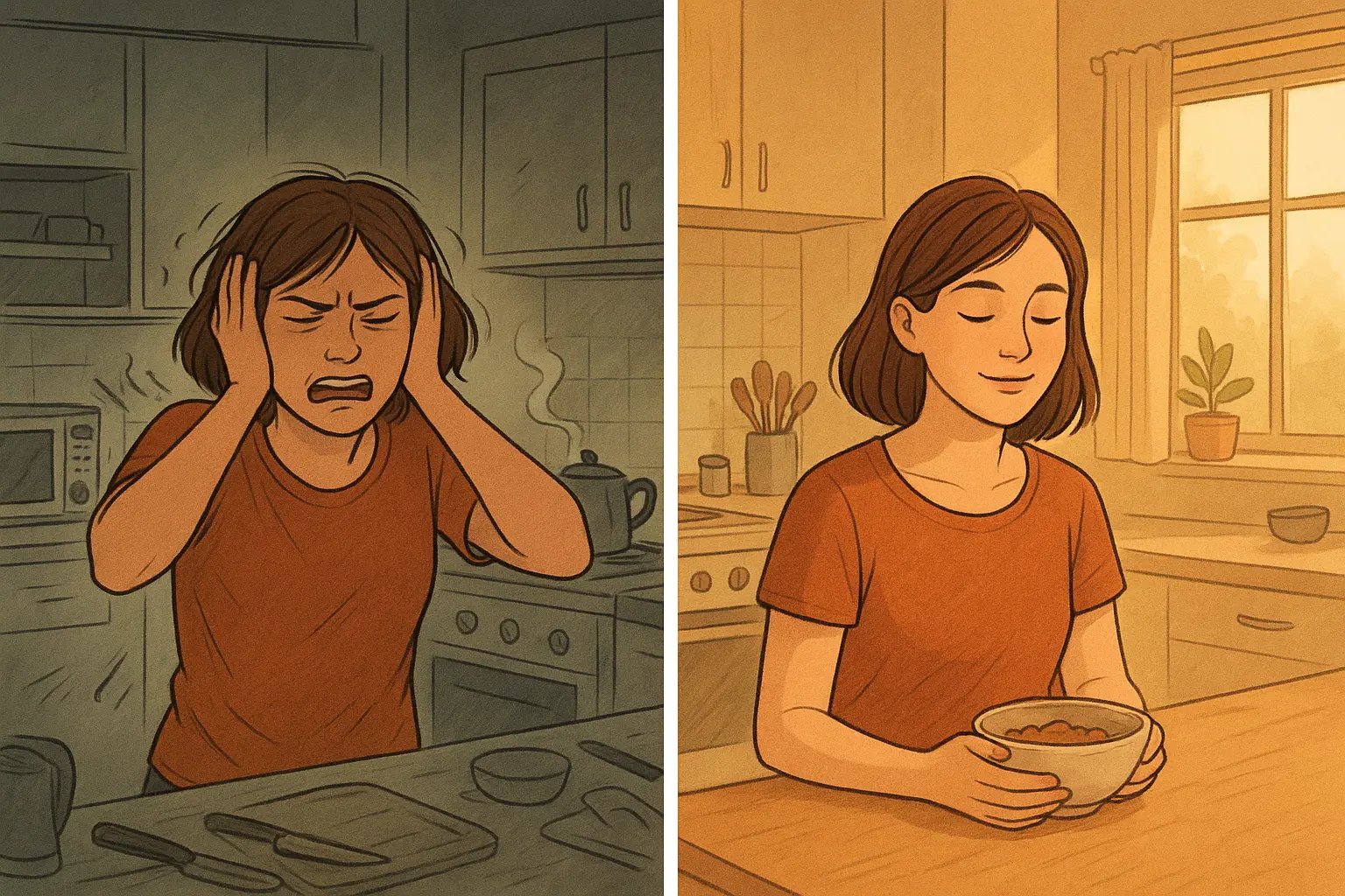 Woman transforms from overwhelmed in chaotic kitchen to peaceful at counter with simple meal