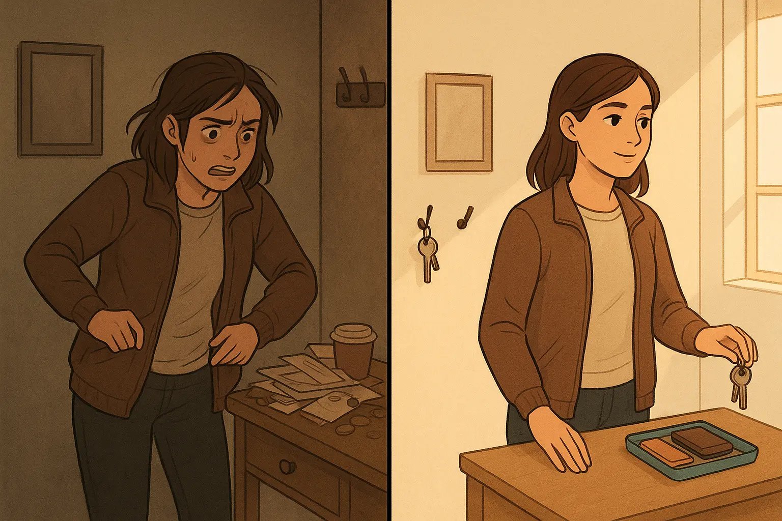 Woman calmly grabbing keys from an organised launch pad with hooks and tray in a bright, tidy entryway