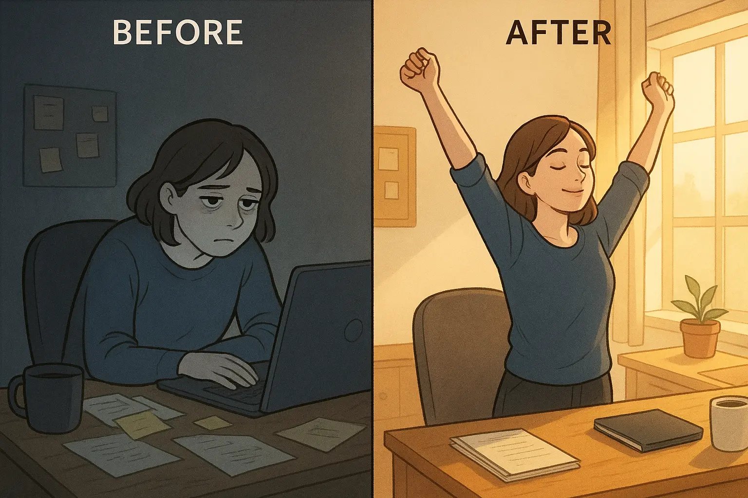 Split panel showing a woman transforming from overwhelmed at a cluttered desk to calm and stretching in a bright, organised space