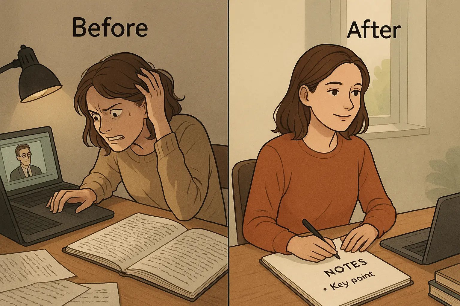 Woman's transformation from stressed note-taker with cluttered desk to calm student with organised headline-style notes