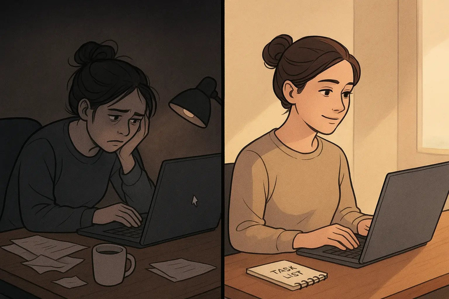 Split-panel illustration showing a woman's transformation from overwhelmed paralysis at a messy desk to calm, focused action in an organised workspace.