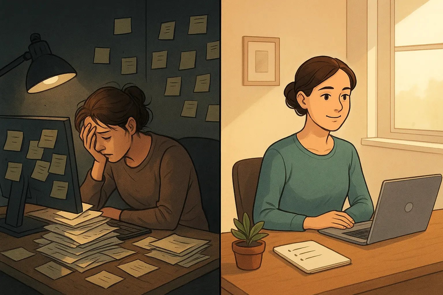 Split-panel showing a woman transforming from overwhelmed at a cluttered desk to calm and organised with a clean workspace