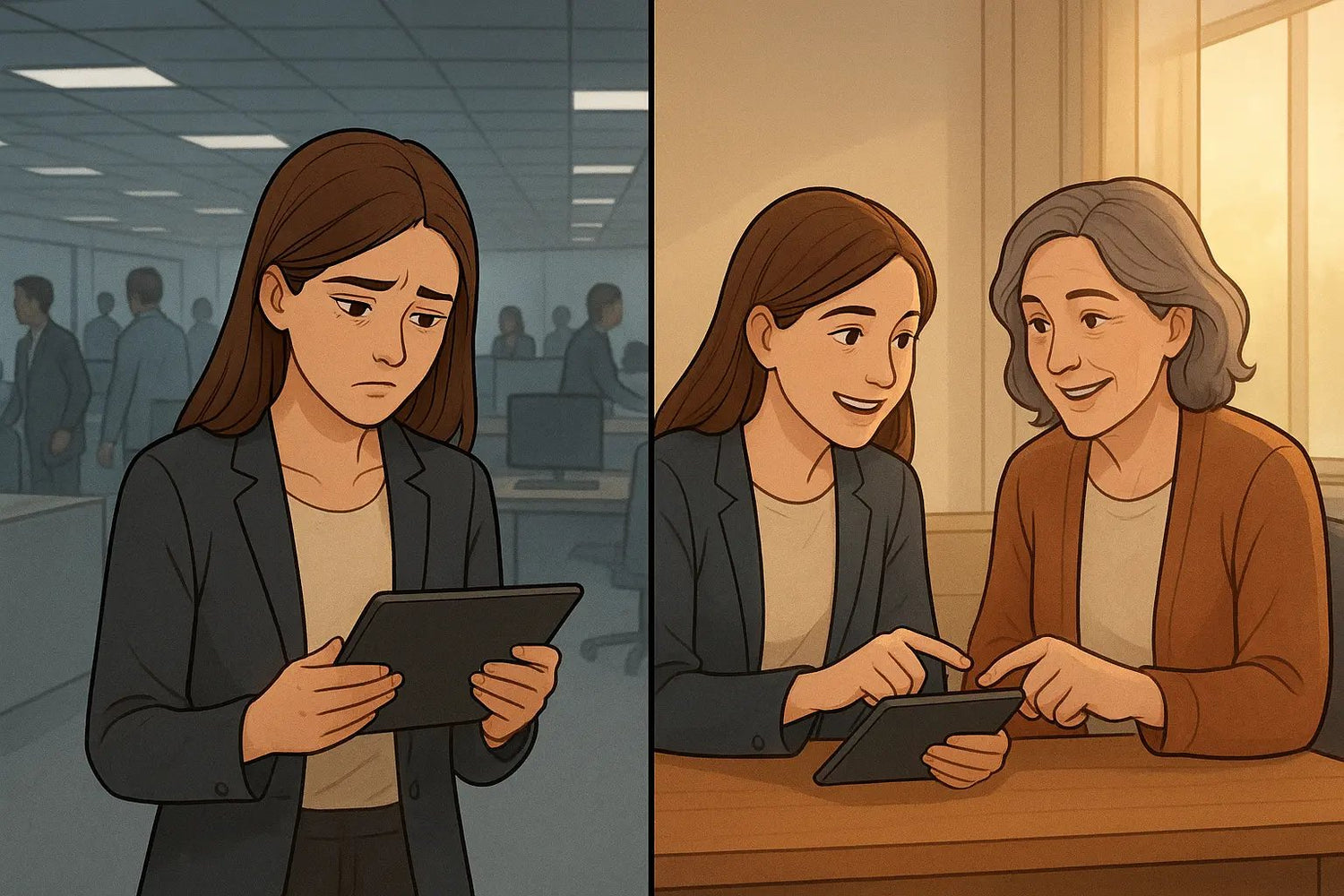 Young professional transforming from overwhelmed to confident with supportive mentor in modern office setting