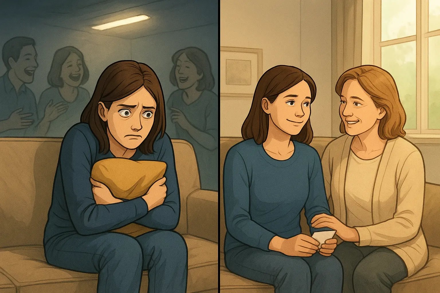 A young woman sits calmly on a sofa with her mother, sharing a note as soft natural light illuminates their understanding connection.