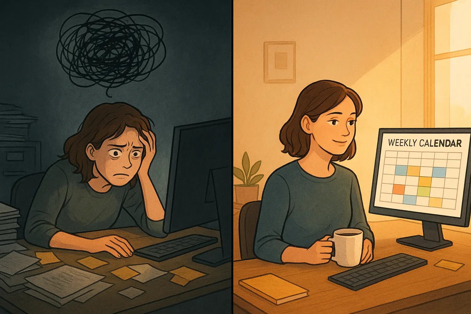 Split panel showing a woman transforming from overwhelmed at a cluttered desk to calm and organised with a structured calendar.