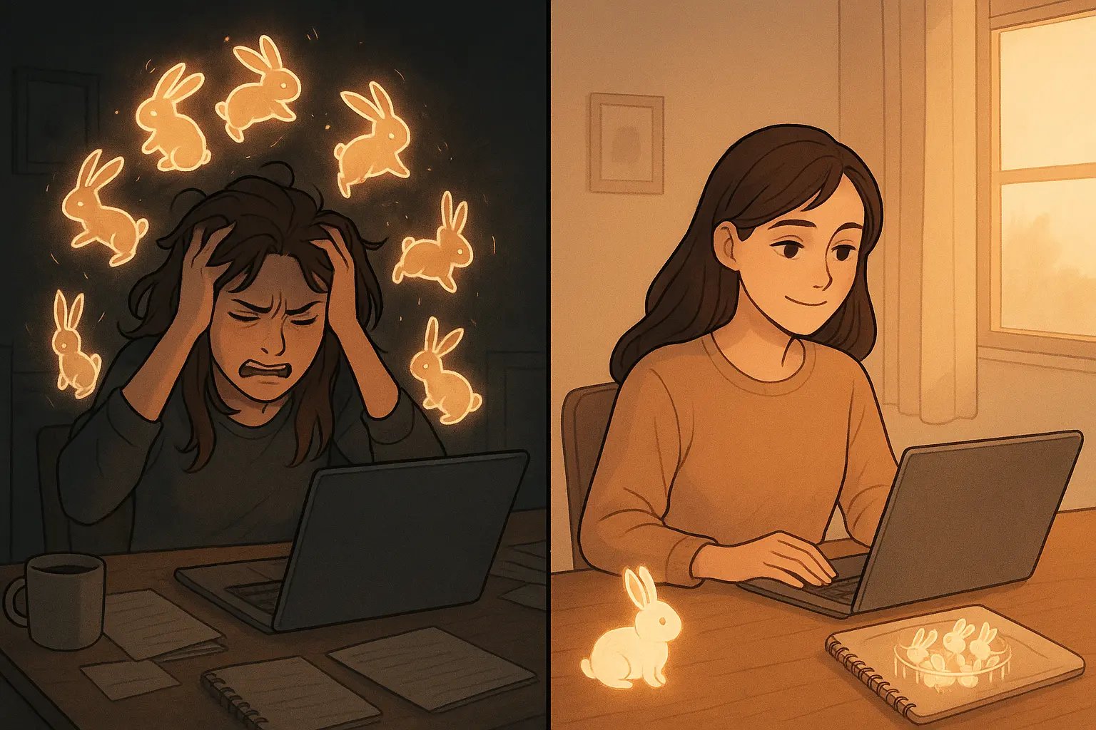 Split panel showing a woman transforming from overwhelmed by chaotic idea-rabbits to calmly focused with ideas organised in a 'pen'.