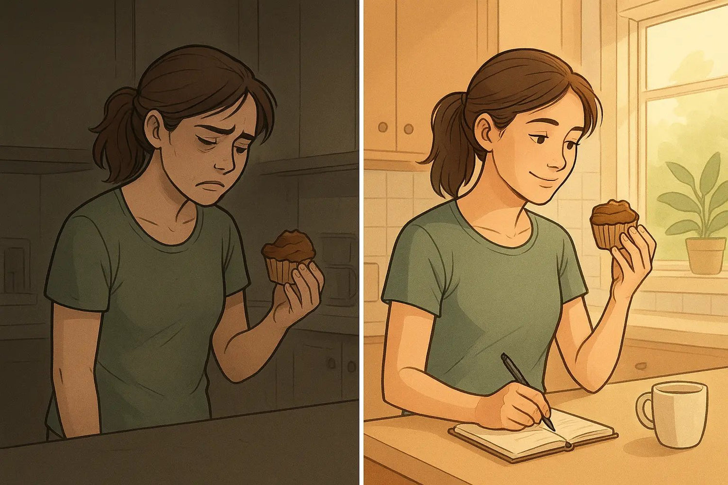 Woman in kitchen calmly writing in notebook after diet slip, transforming guilt into a learning moment with thoughtful expression