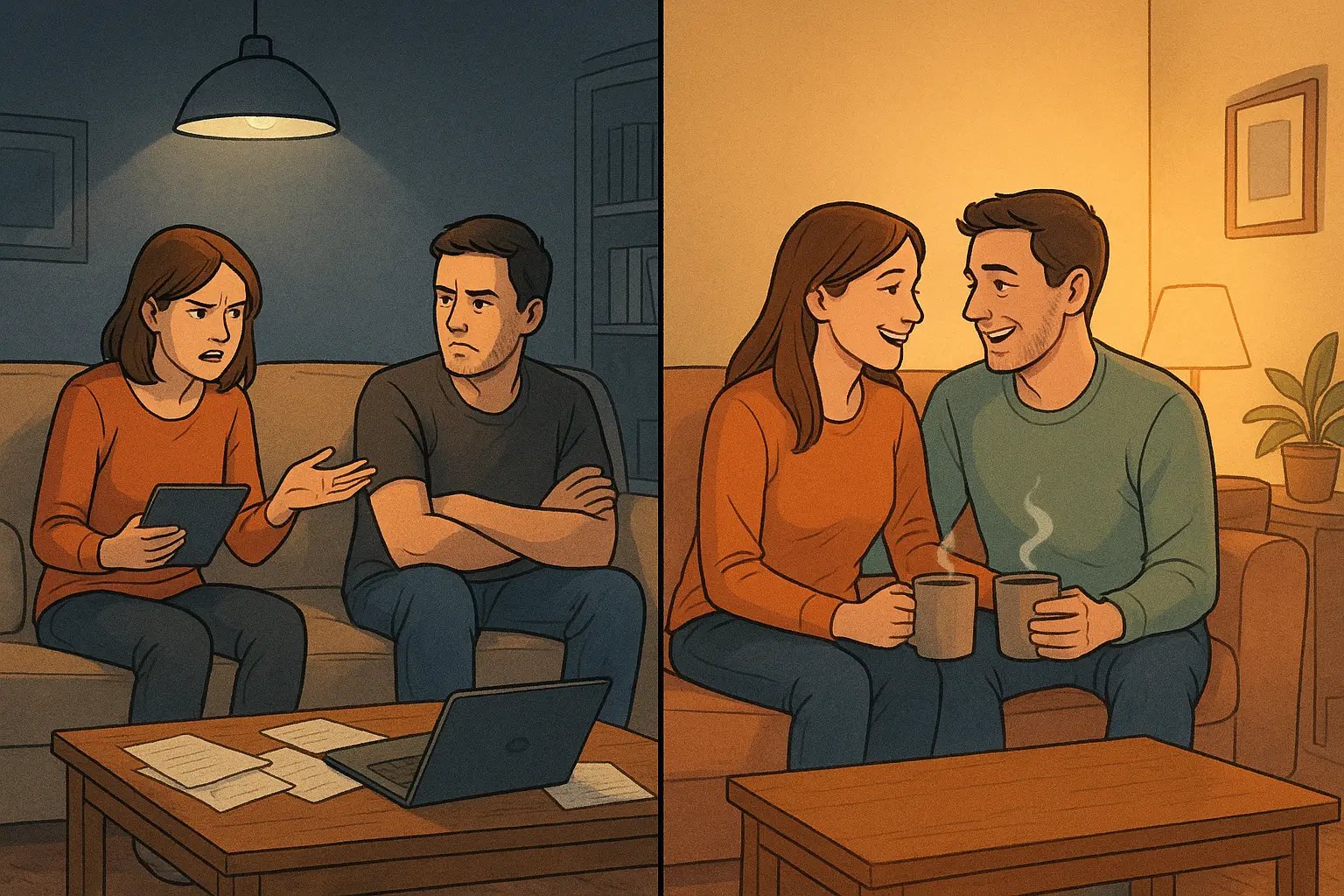 Couple's transformation from stressed and distant to relaxed and affectionate, celebrating connection over problems