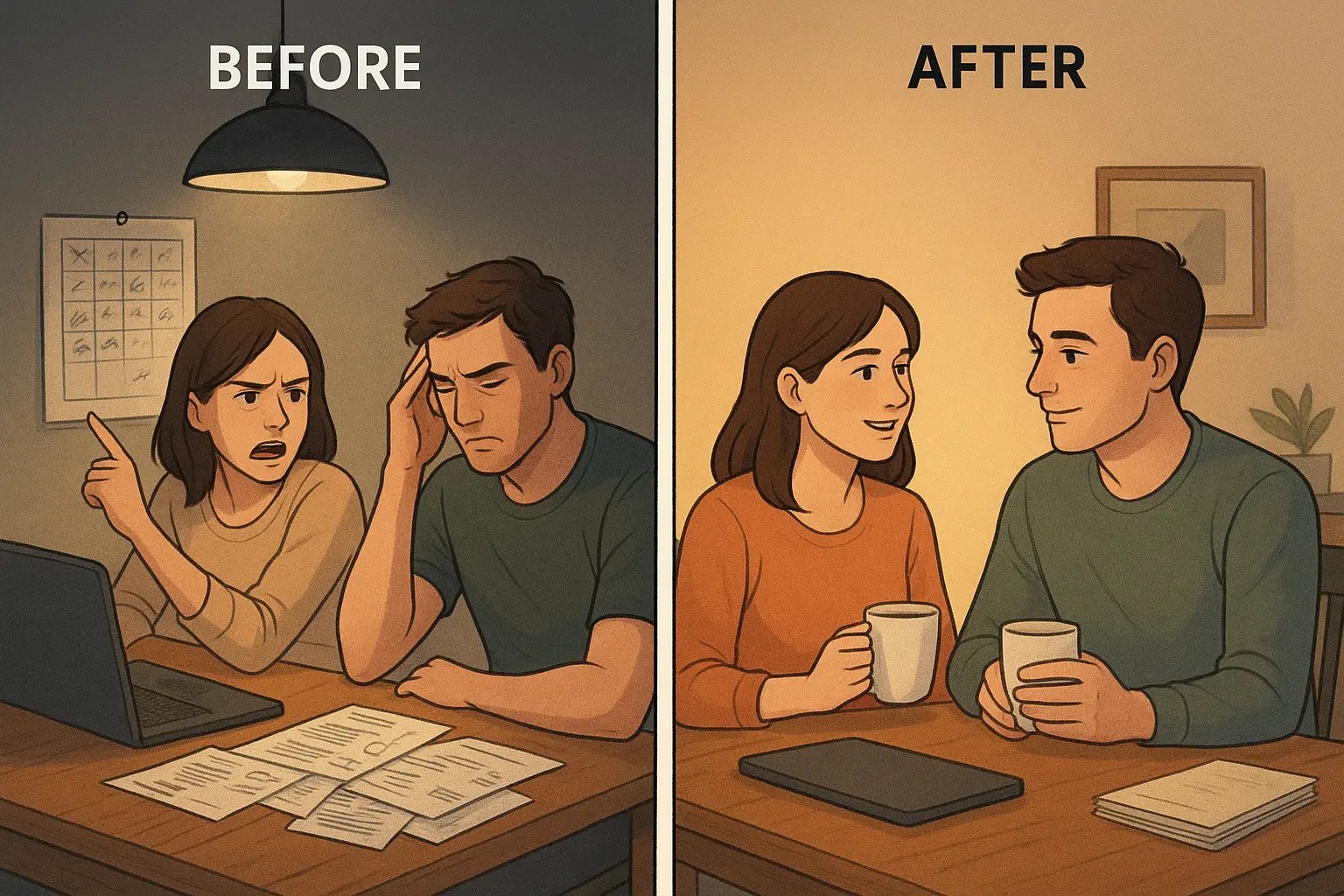 Split panel showing a stressed couple with calendars and bills transforming into a relaxed couple connecting over tea in warm lighting.