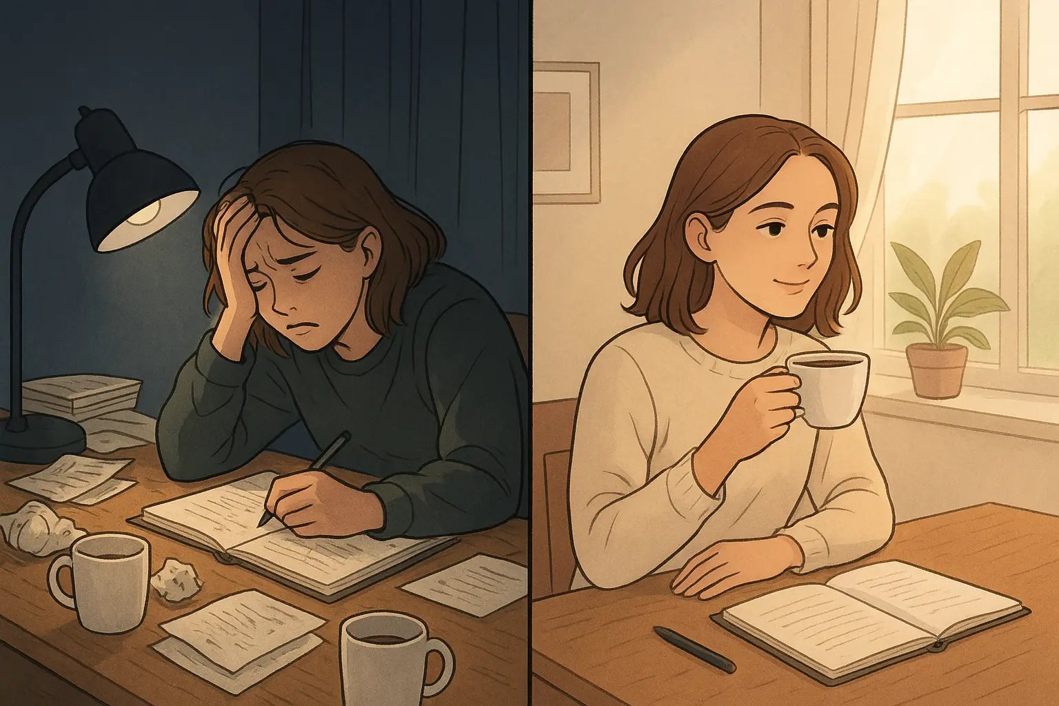 Split panel showing student transformation from stressed cramming at cluttered desk to calm, focused studying in organised daylight setting