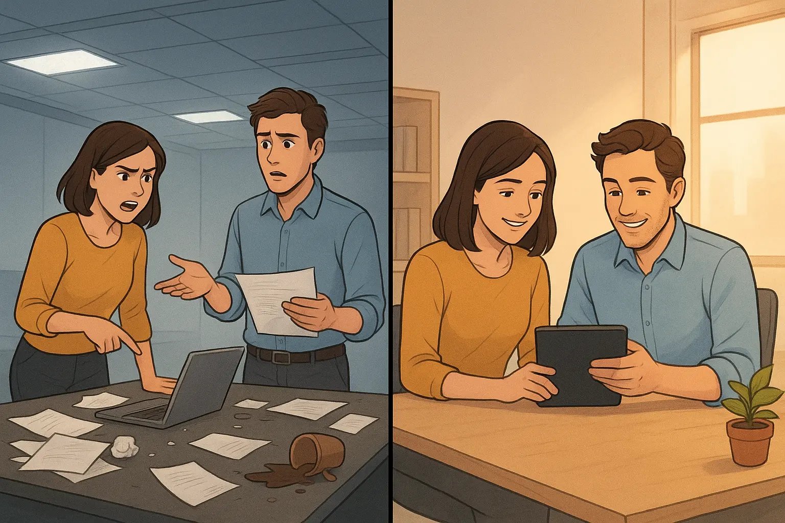 Two colleagues transform from frustrated confusion at a messy desk to calm collaboration at an organised workspace after a check-in