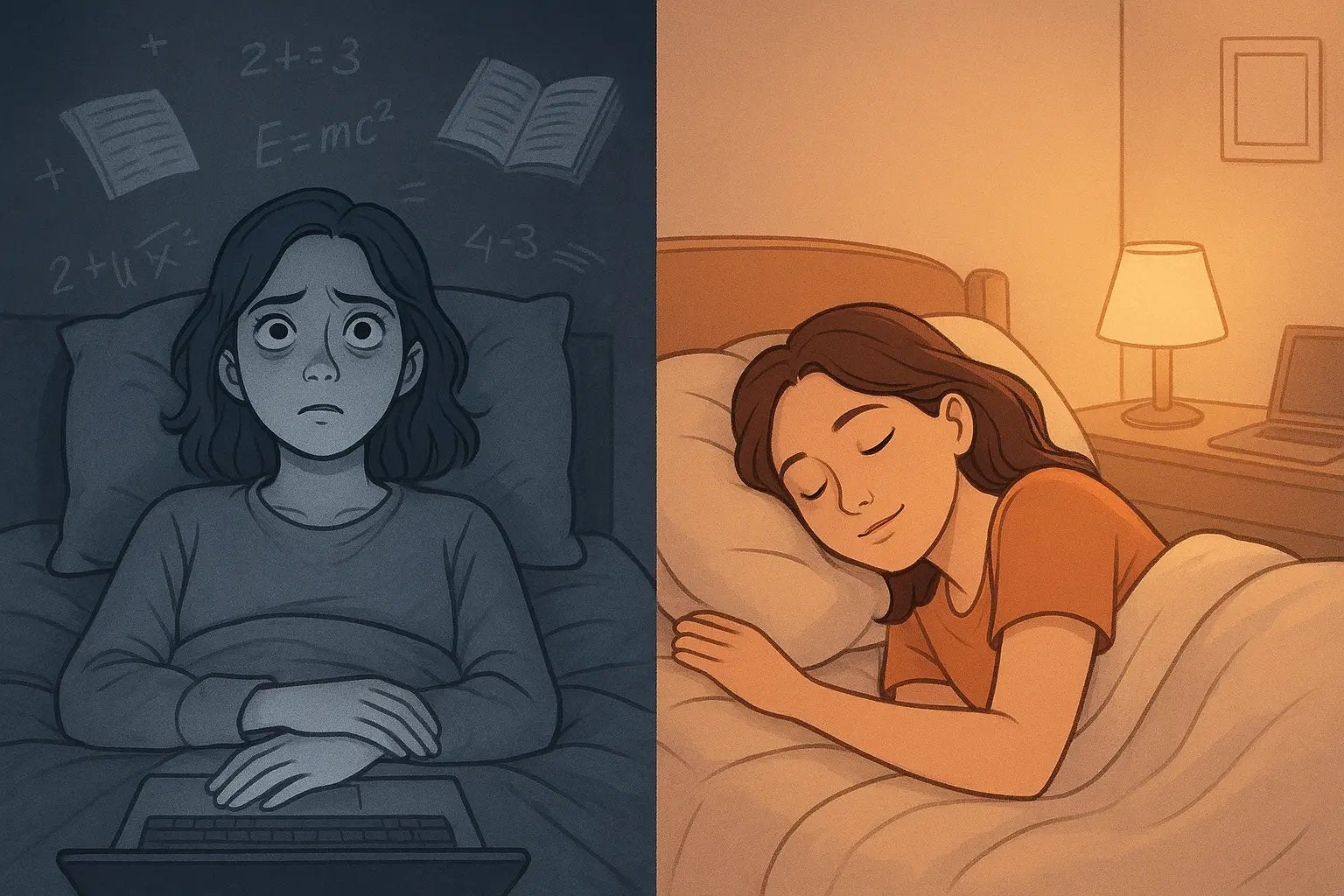 A student peacefully sleeping after unwinding, contrasted with struggling to sleep immediately after studying.