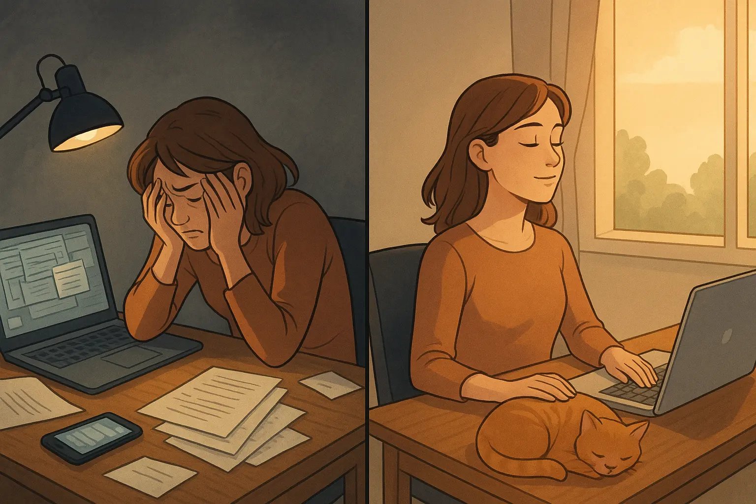 Woman transformed from overwhelmed at cluttered desk to calm and focused at tidy desk with ginger cat beside her laptop