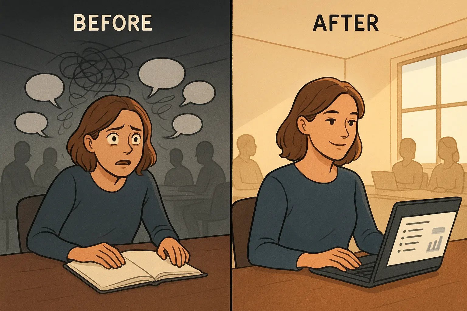 Split-panel illustration showing a woman's transformation from overwhelmed in a verbal meeting to calm and focused with a clear visual agenda.