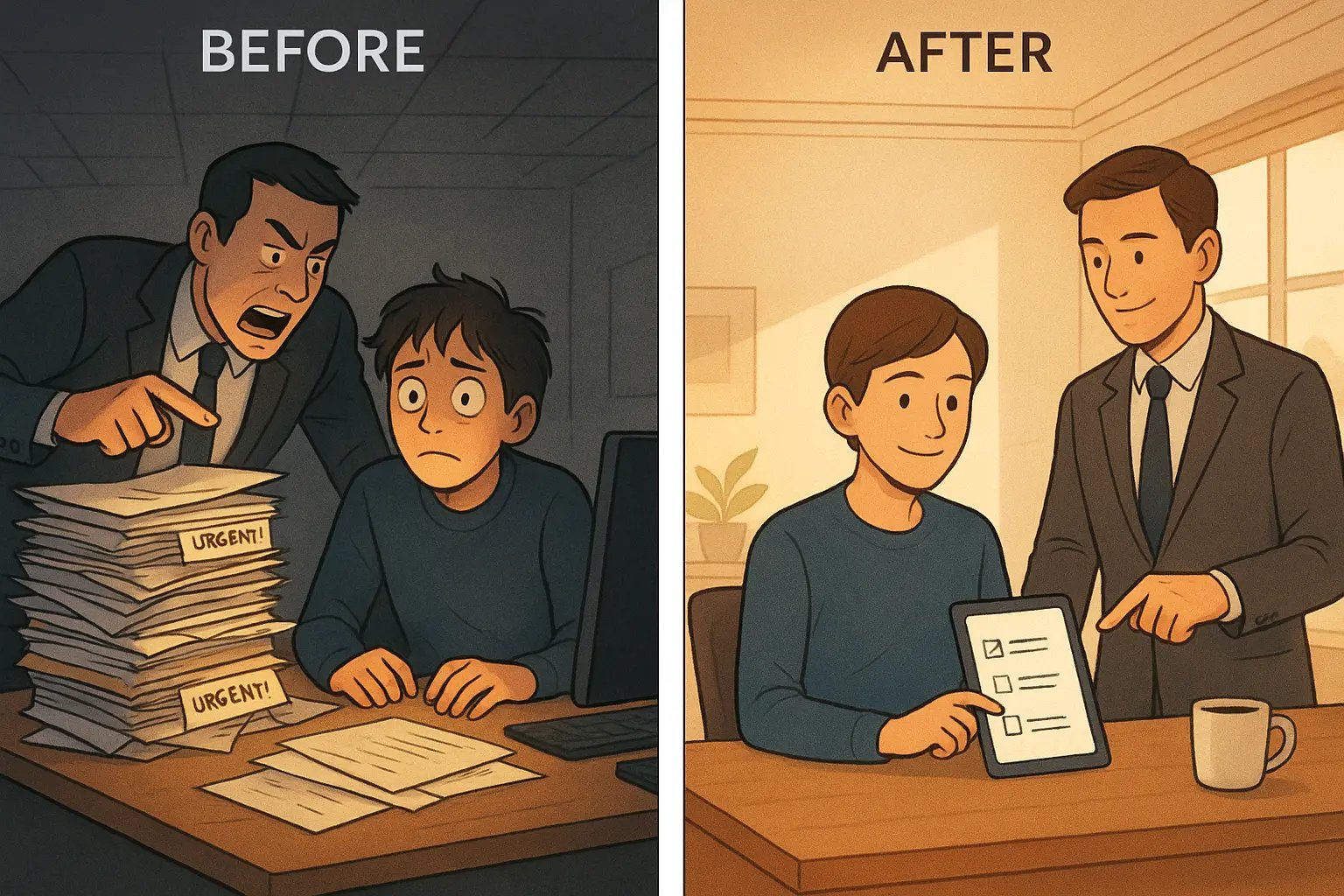 Before and after office scene showing stressed employee becoming calm and focused through clear manager communication