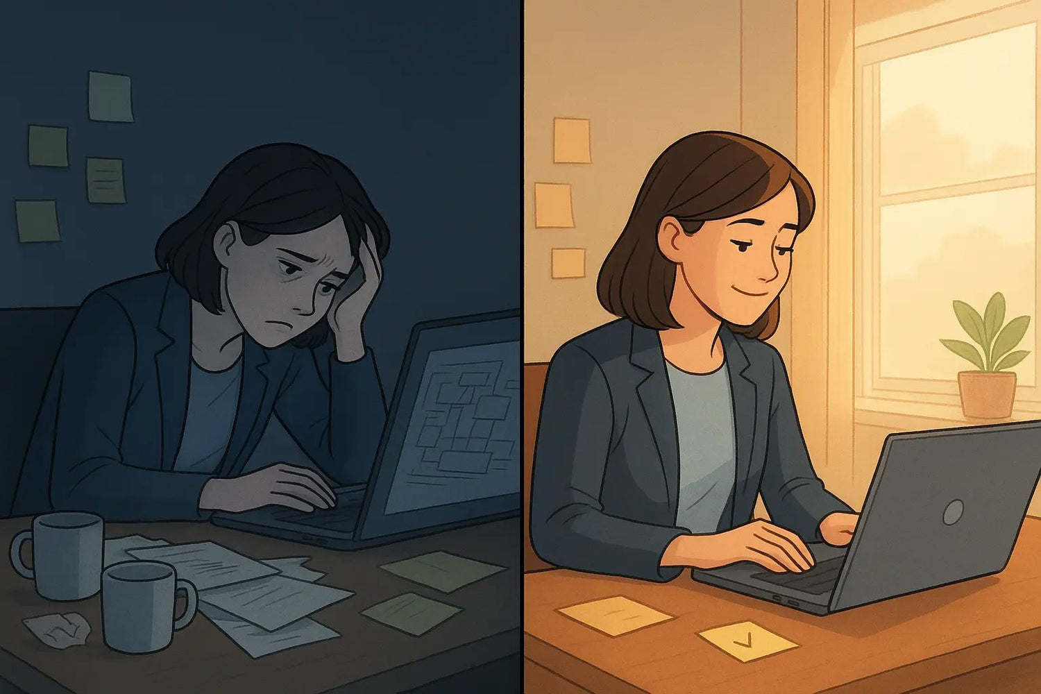 Professional woman at desk transforming from overwhelmed to energised after completing one small task