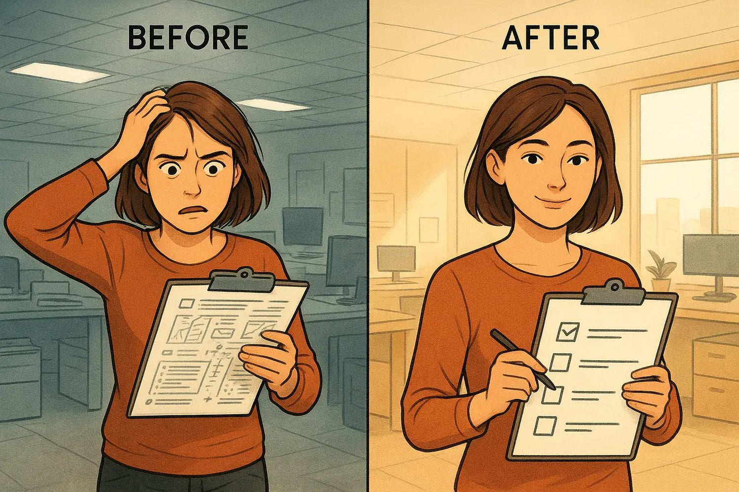 Woman confidently using a clear, simple checklist in an organised office with natural lighting