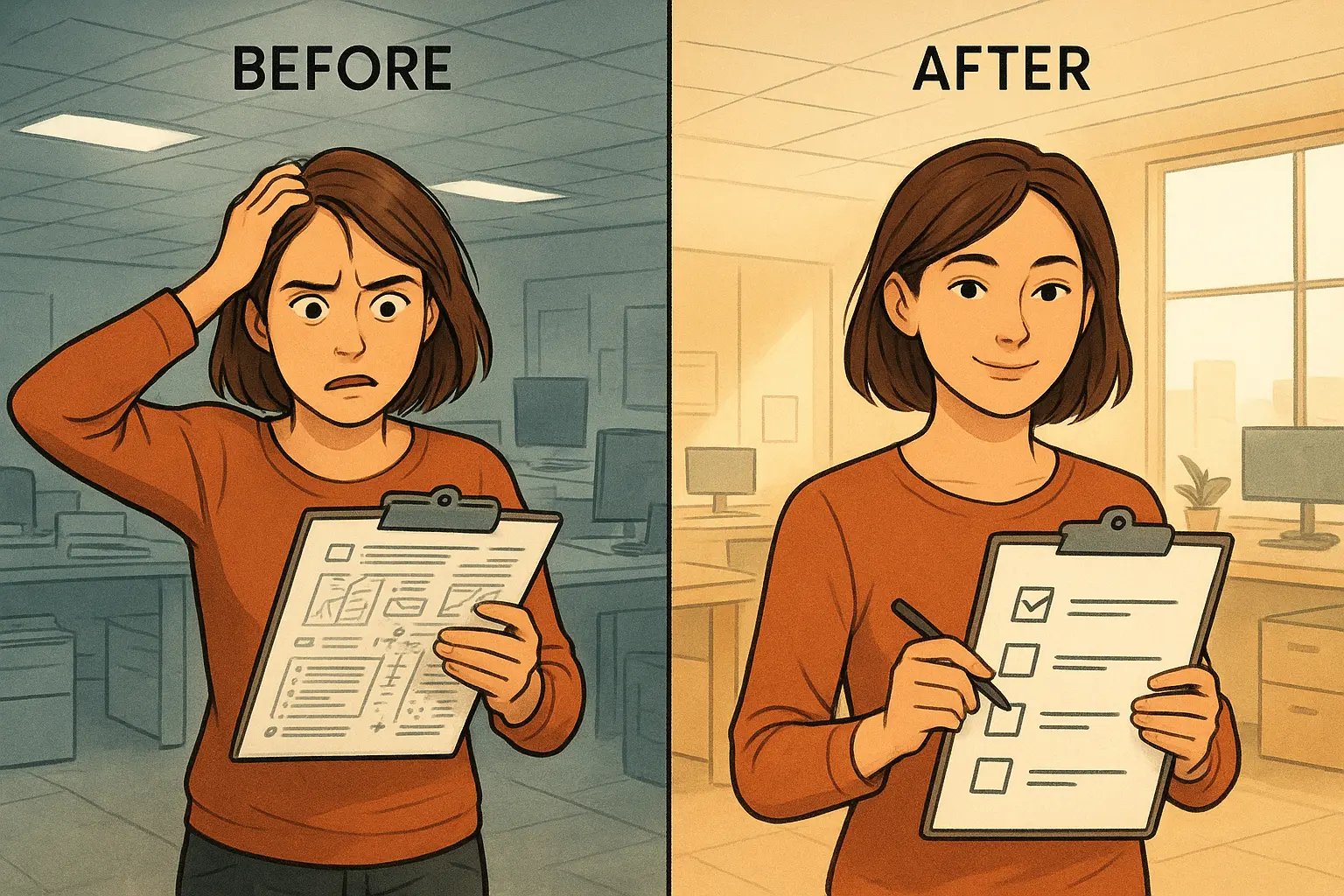 Woman confidently using a clear, simple checklist in an organised office with natural lighting