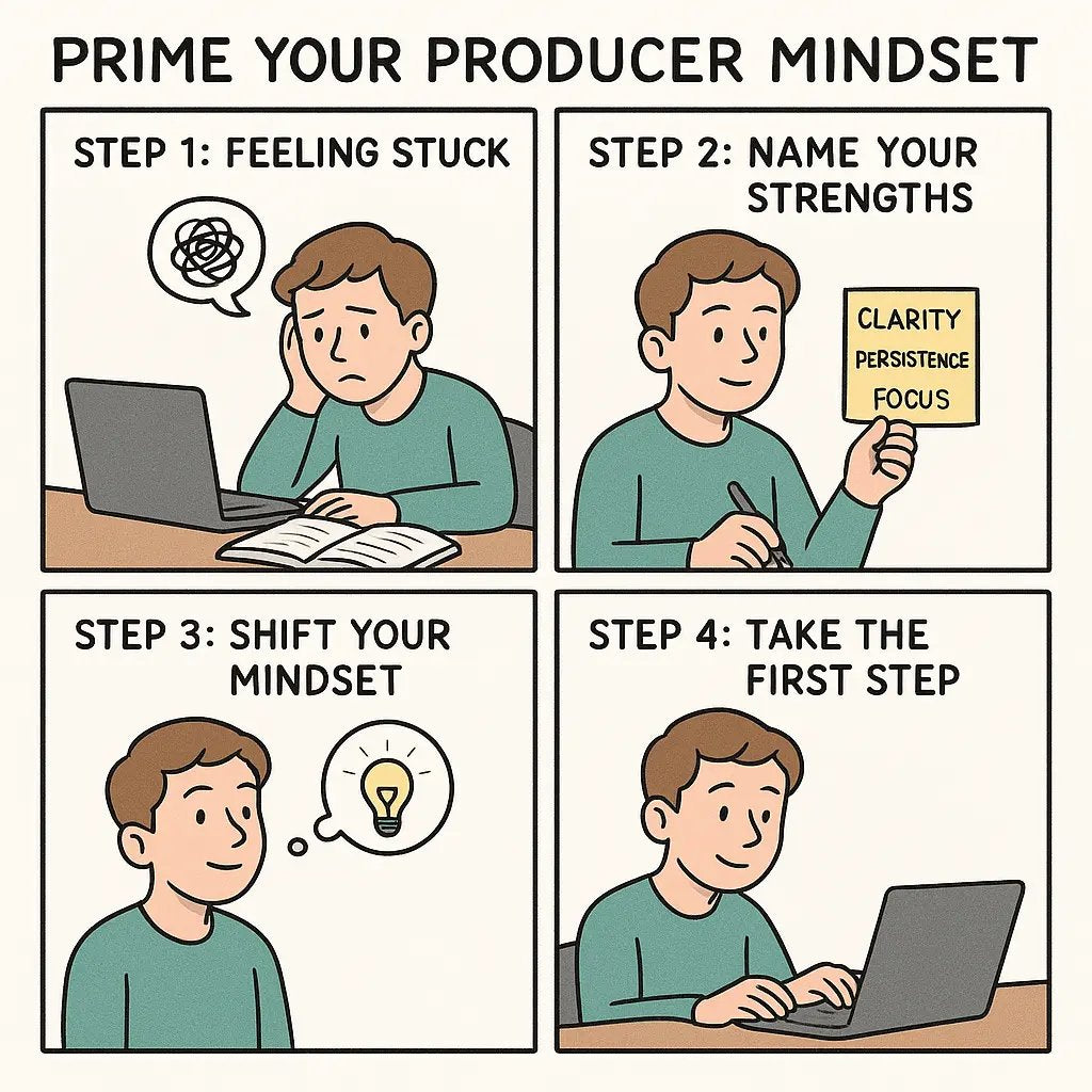 A young adult at a desk names their strengths on a sticky note, shifts their mindset, and takes the first productive step to overcome procrastination.