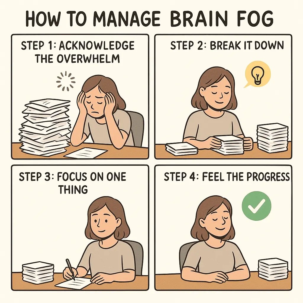 Comic showing a woman managing overwhelm by breaking tasks into smaller parts and completing them with focus and satisfaction